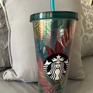 Starbucks Metalic Tropical Leaves Aloha Tumbler Used  24 oz comes with Straw Gd
